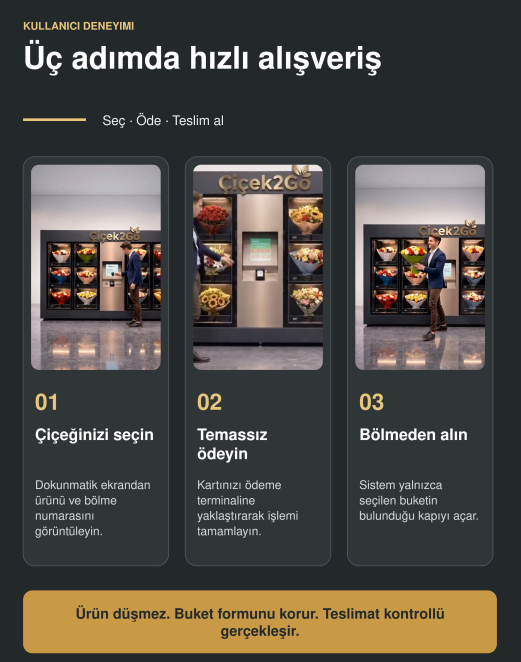 Çiçek2Go seç, temassız öde ve bölmeden al akışı